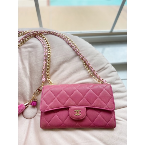 CHANEL Handbags - Chanel CC Pink Matelassé Lamb Leather Flap Wallet on Chain w/Dust Bag